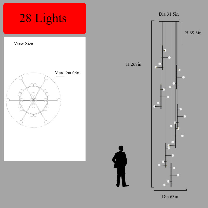Specifications and dimensions for the 28-light multi-arm opal glass chandelier.