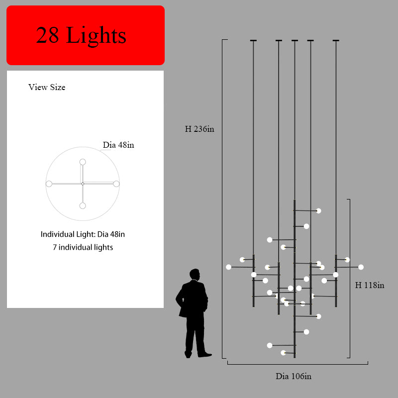 36-light multi-arm opal glass chandelier dimension diagram with specifications and human scale.