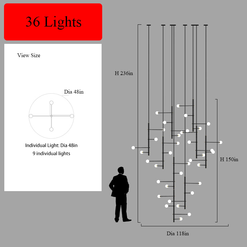 Dimensional drawing of the 36-light multi-arm opal glass chandelier with specifications and human scale.