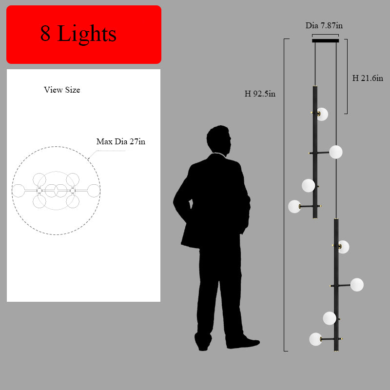 Specifications and measurements for the 8-light black multi-arm opal glass chandelier.