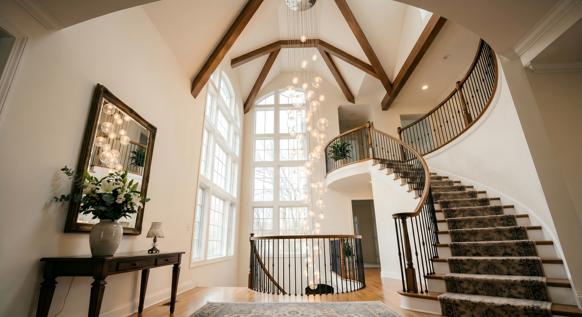 Cascading glass cluster chandelier filling a two-story entryway foyer above a curved staircase