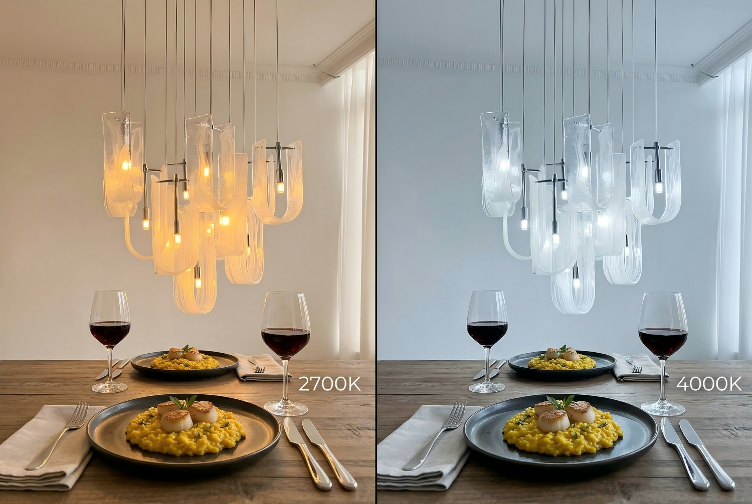Dining room chandelier color temperature comparison — 2700K warm white light on the left versus 4000K cool white light on the right, showing the difference in ambiance and food appearance over a dinner table