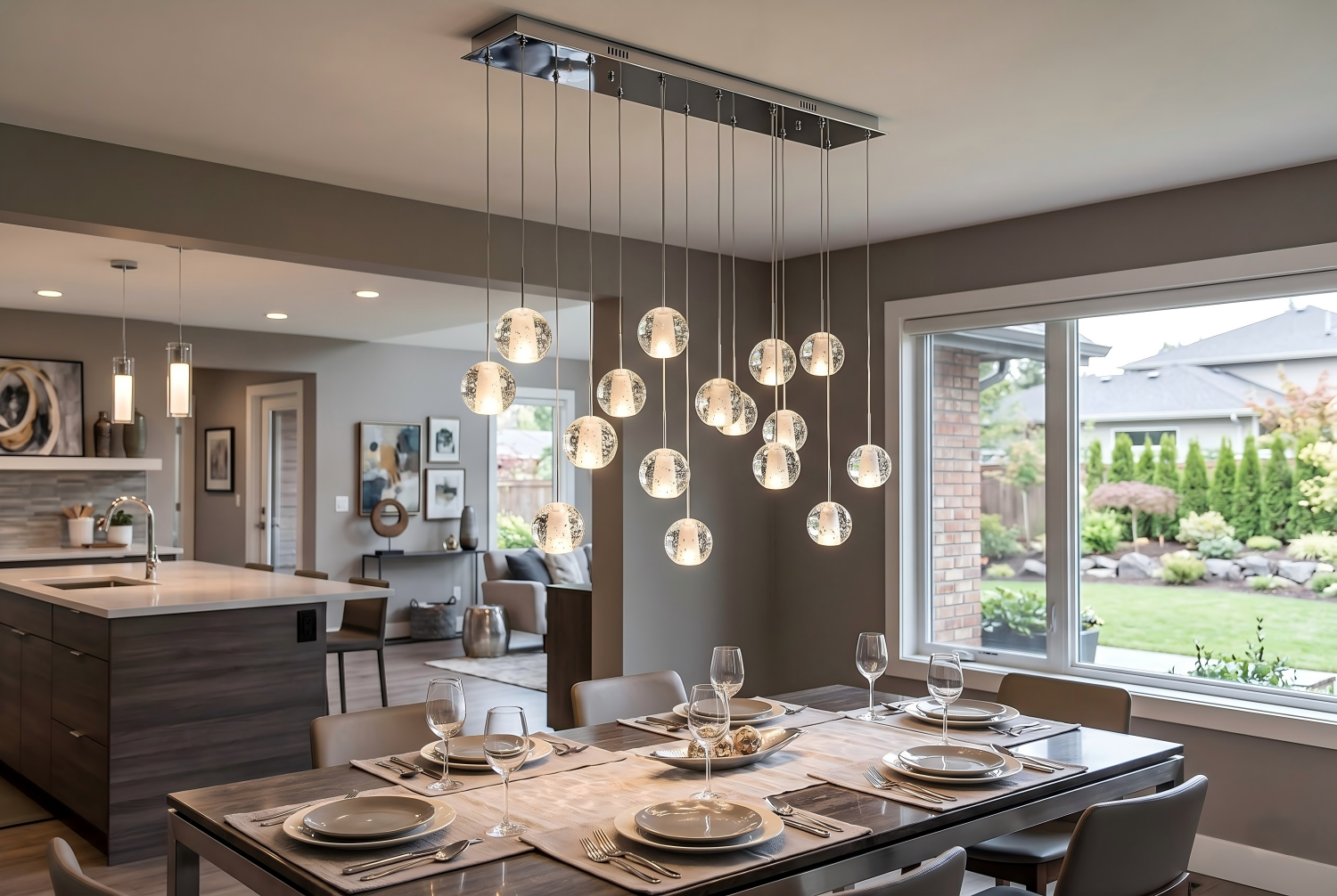 Modern Crystal Sphere Chandelier hanging 32 inches above dining table in contemporary home — ideal chandelier hanging height showing clear sightlines across the table