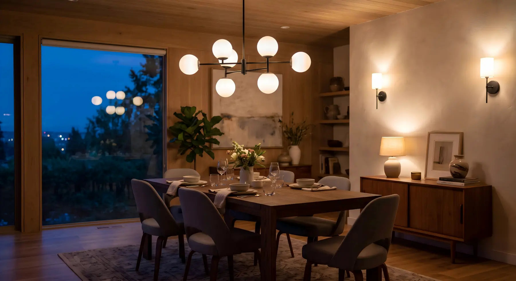 Dining room lit in three layers with a modern chandelier, wall sconces, and a glowing console lamp