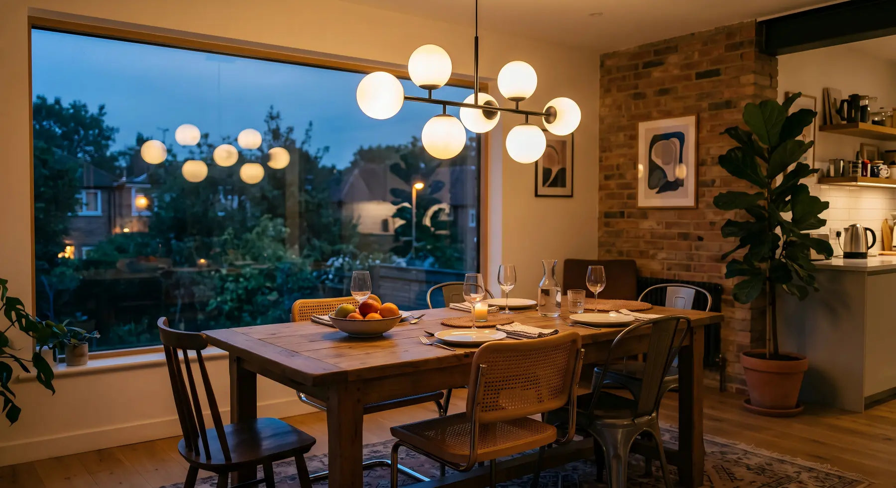 Modern LED glass globe chandelier glowing warmly at full brightness over a dining table in the evening