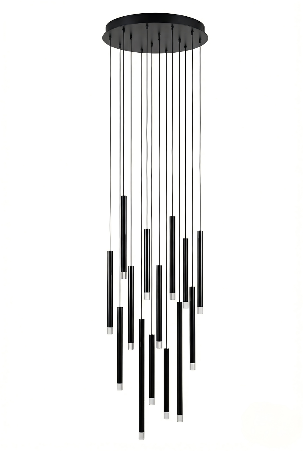 Black pendant light fixture with cylindrical elements on a white background