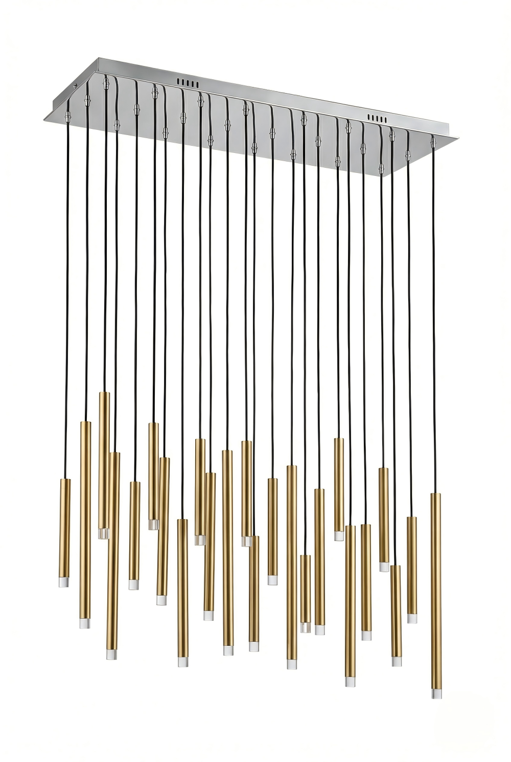 Modern chandelier with gold and silver accents on a white background