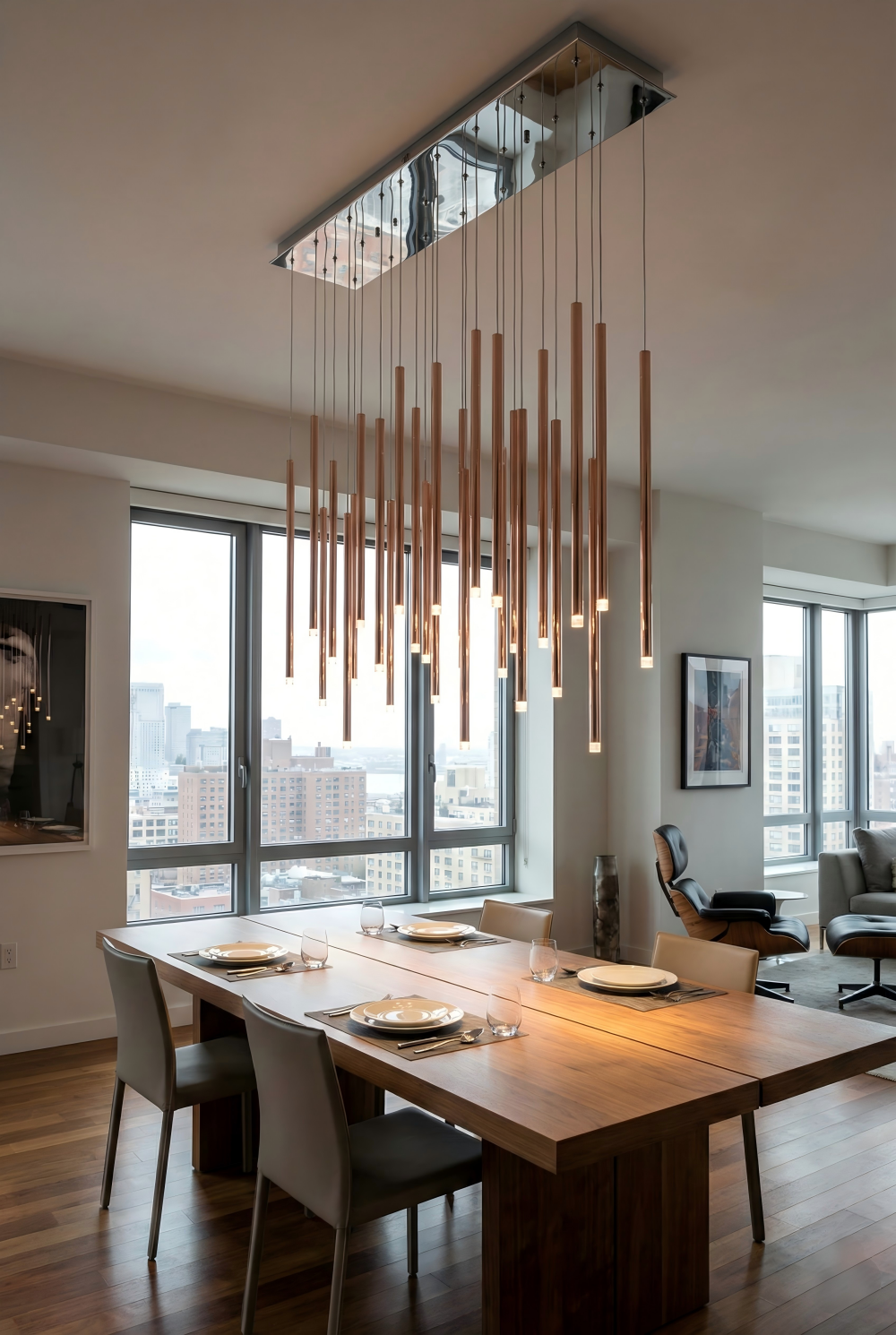 Modern dining room with a large wooden table and pendant light fixture.