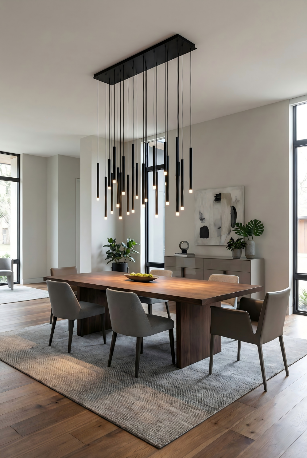 Modern dining room with a wooden table and chairs, featuring a stylish chandelier.