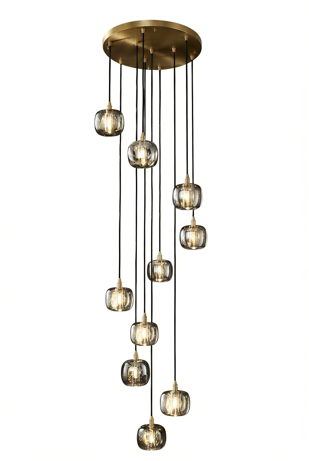 Chandelier with multiple glass shades on a white background