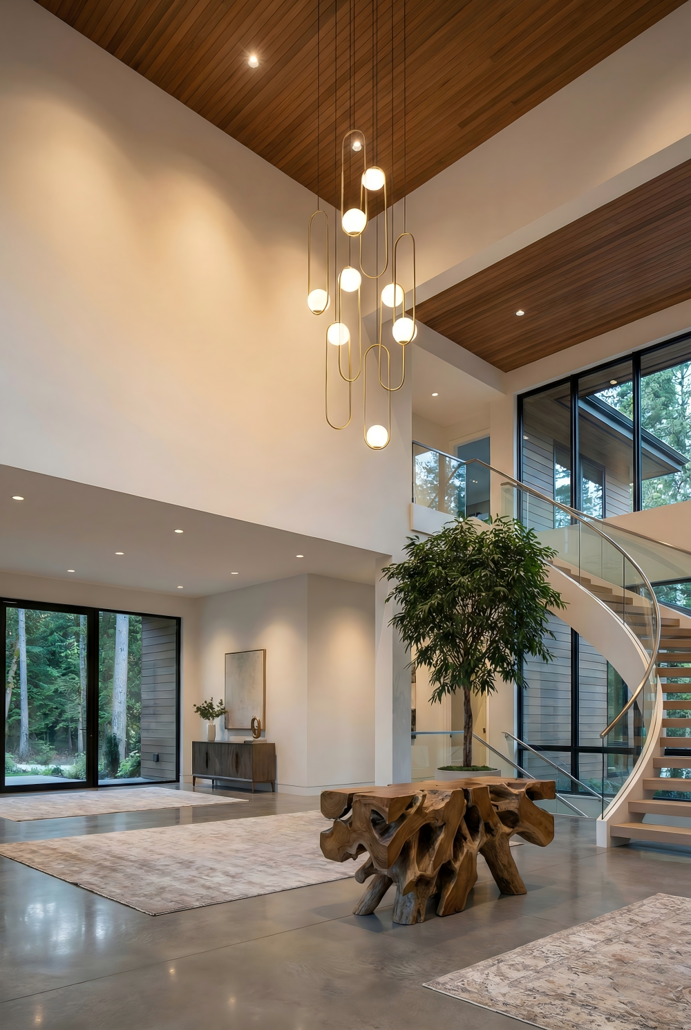 Modern interior with a wooden table, staircase, and large windows.