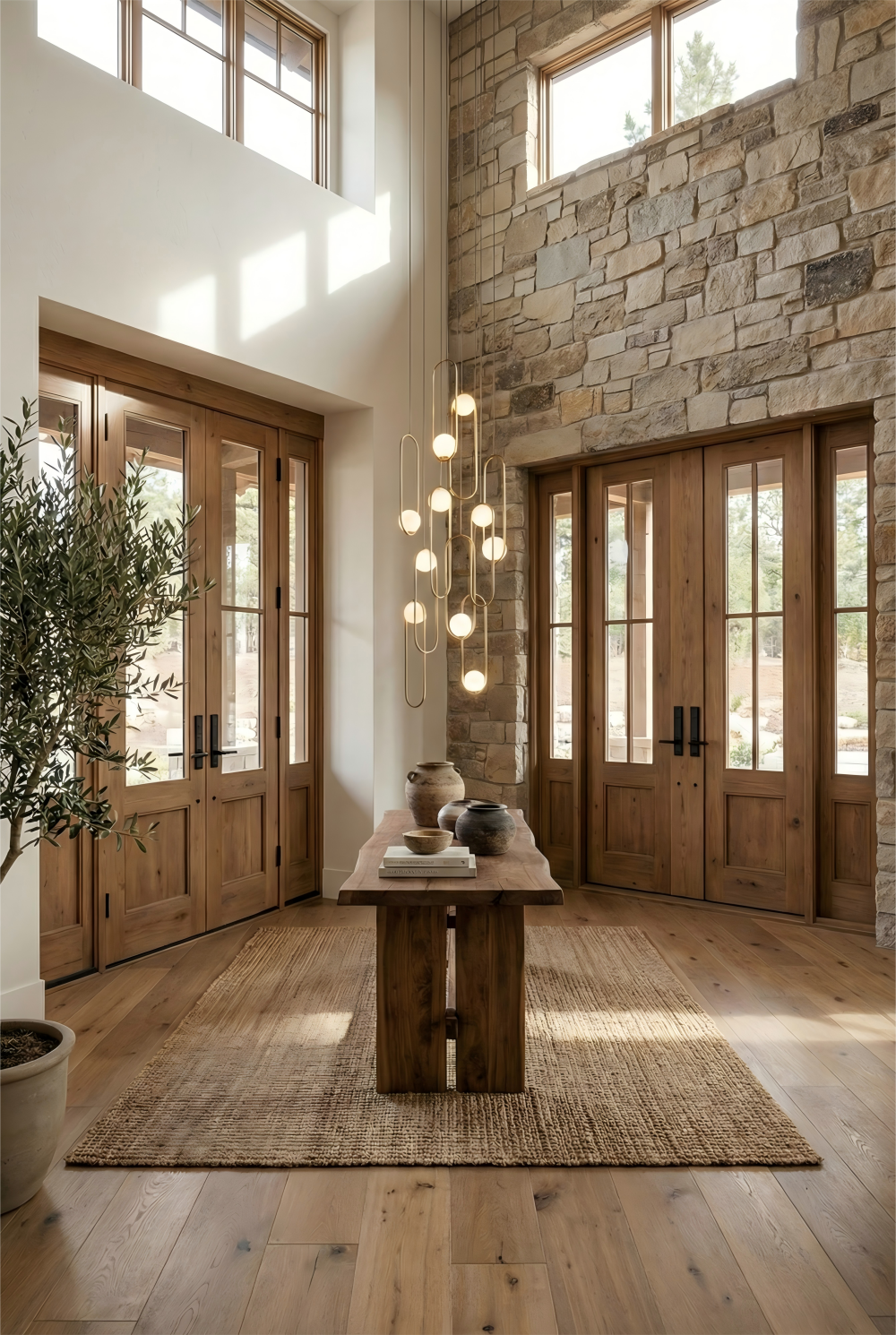 Modern interior with wooden doors, stone wall, and wooden table.