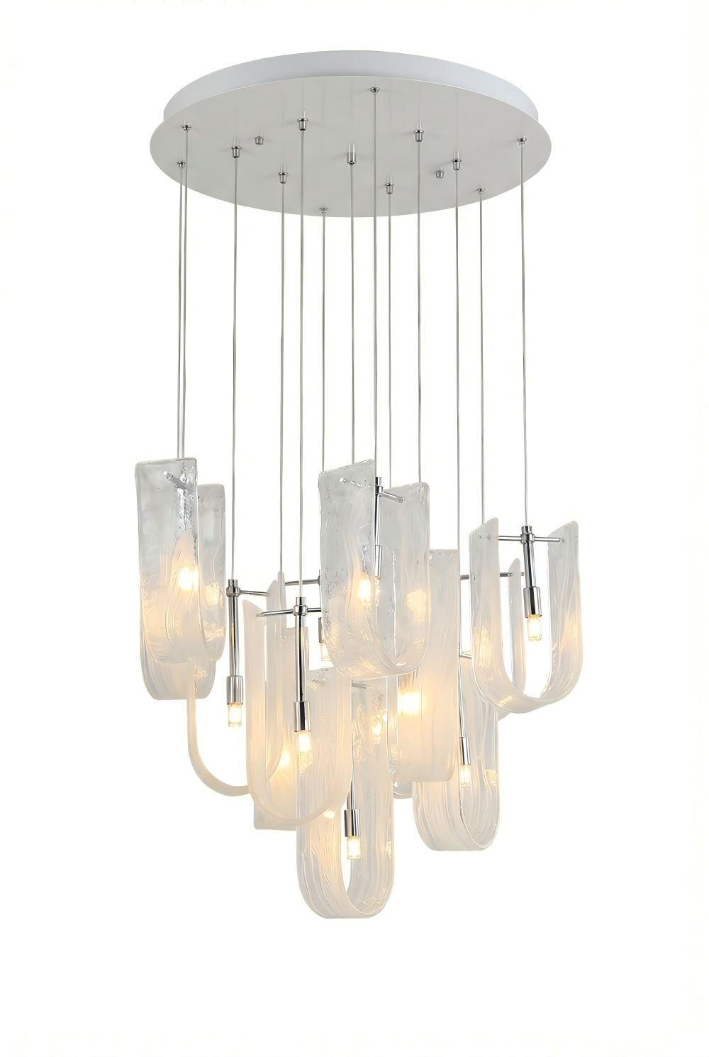 Modern chandelier with glass shades on a white background