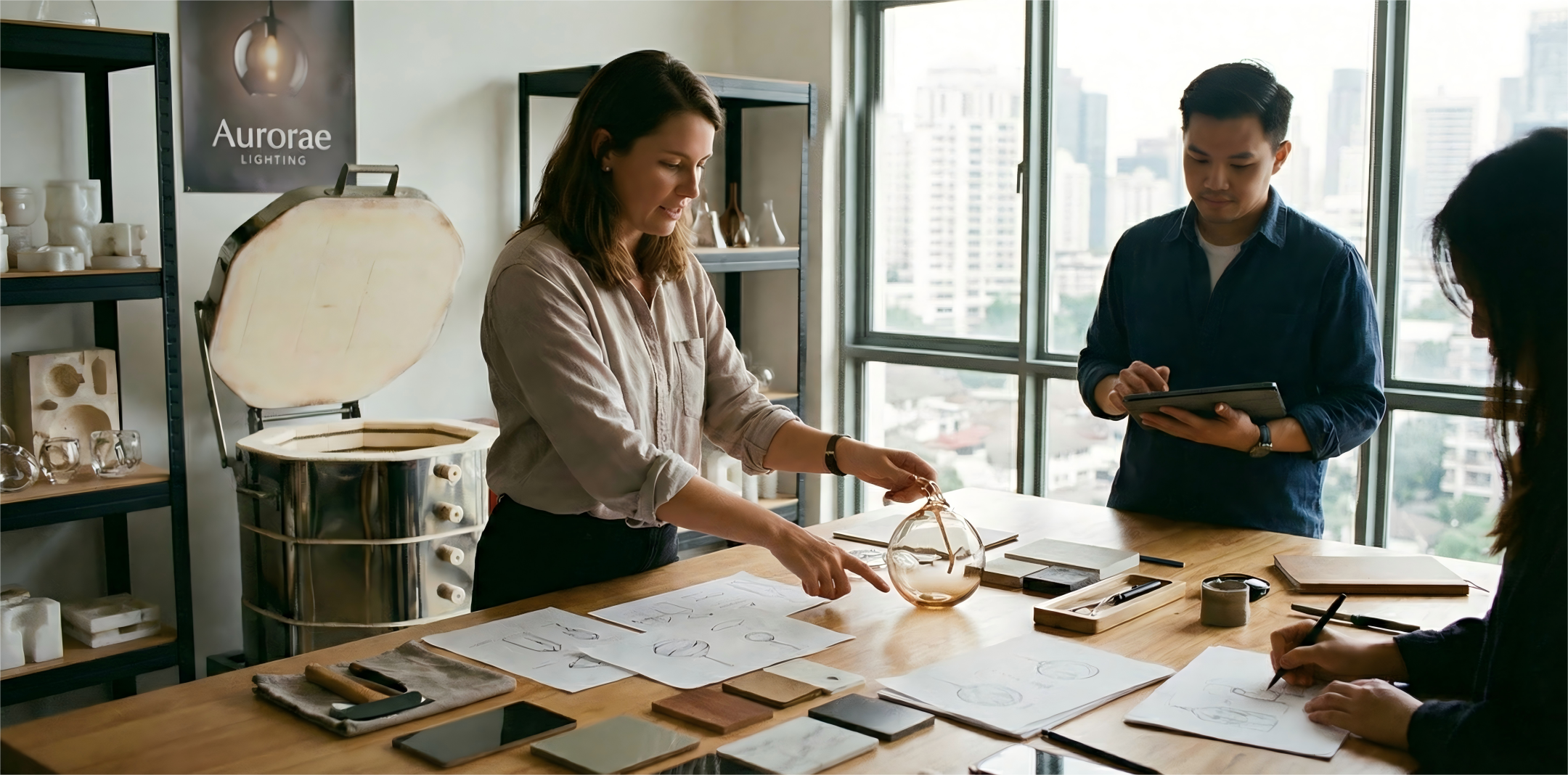 Three people working at a desk in a modern office with large windows.